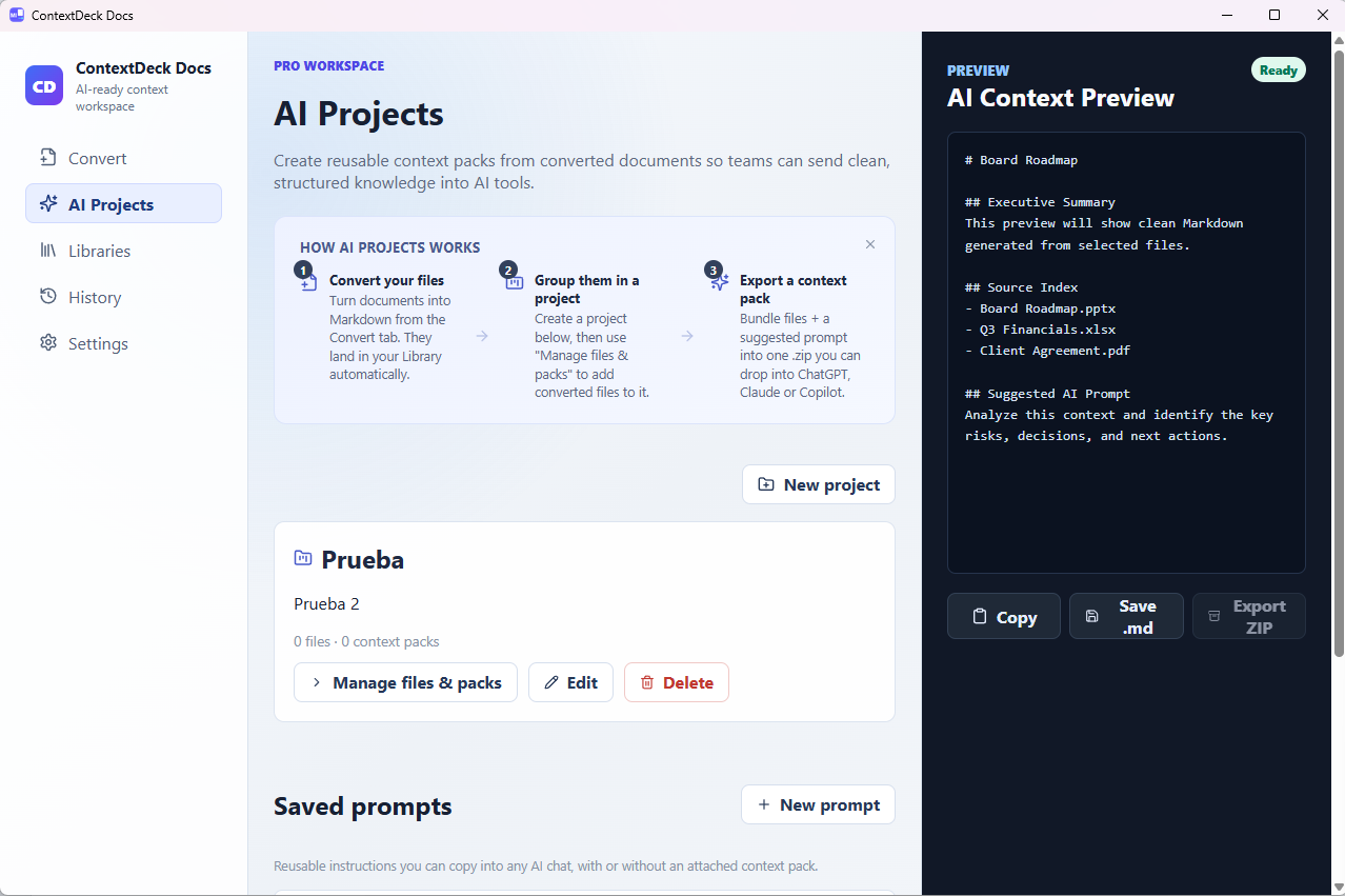 ContextDeck Docs AI Projects screen: group converted files into a project and export a context pack