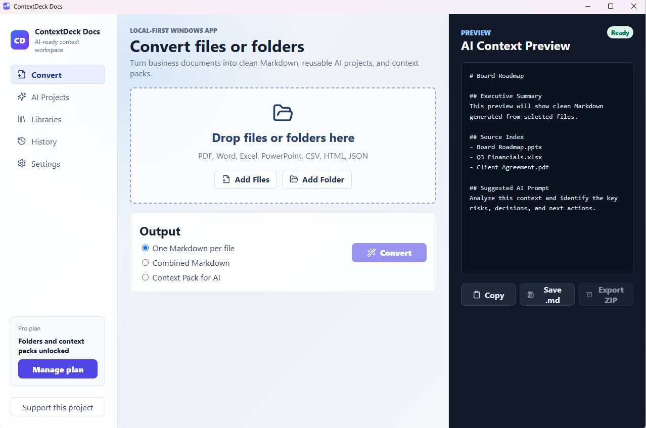 ContextDeck Docs Convert screen: drop files or folders, choose Markdown output, review the AI Context Preview
