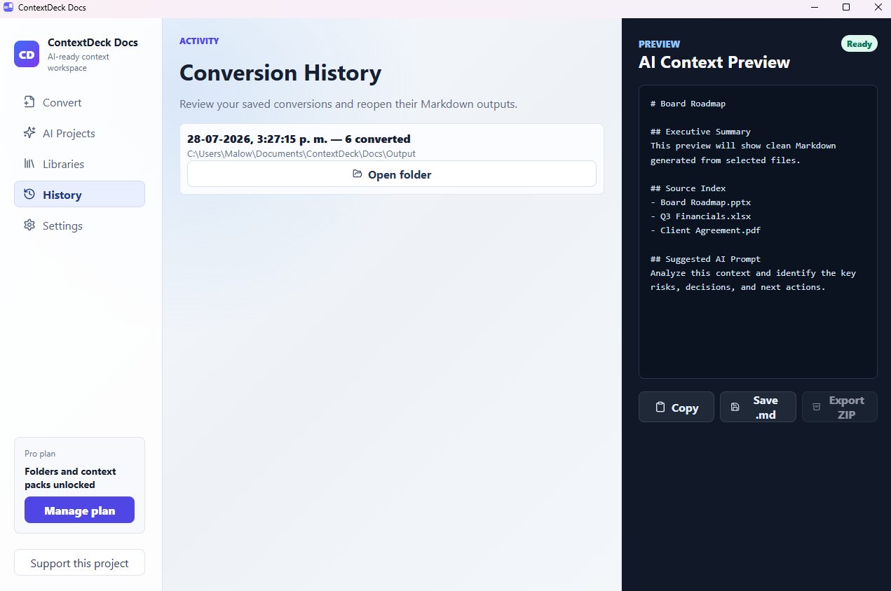 ContextDeck Docs History screen: review past conversions and reopen their Markdown output folder