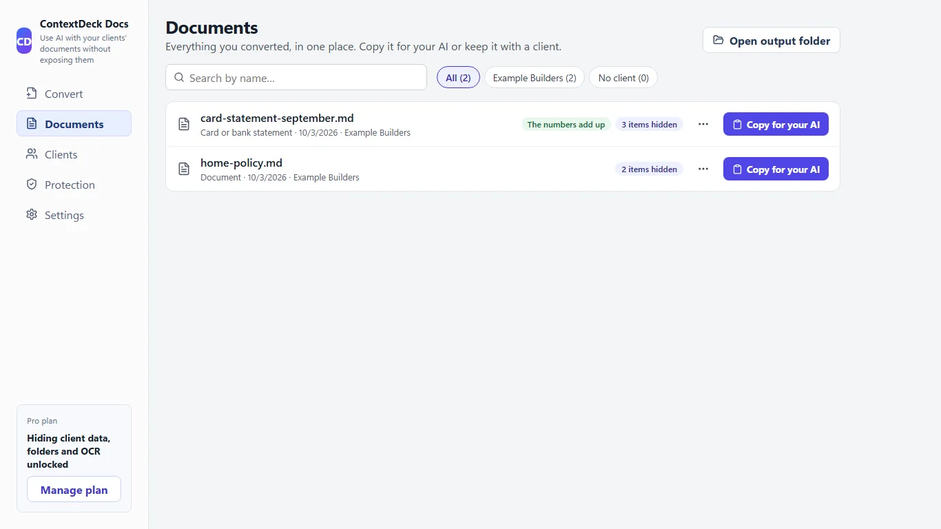 ContextDeck Documents screen with a card statement and a home policy