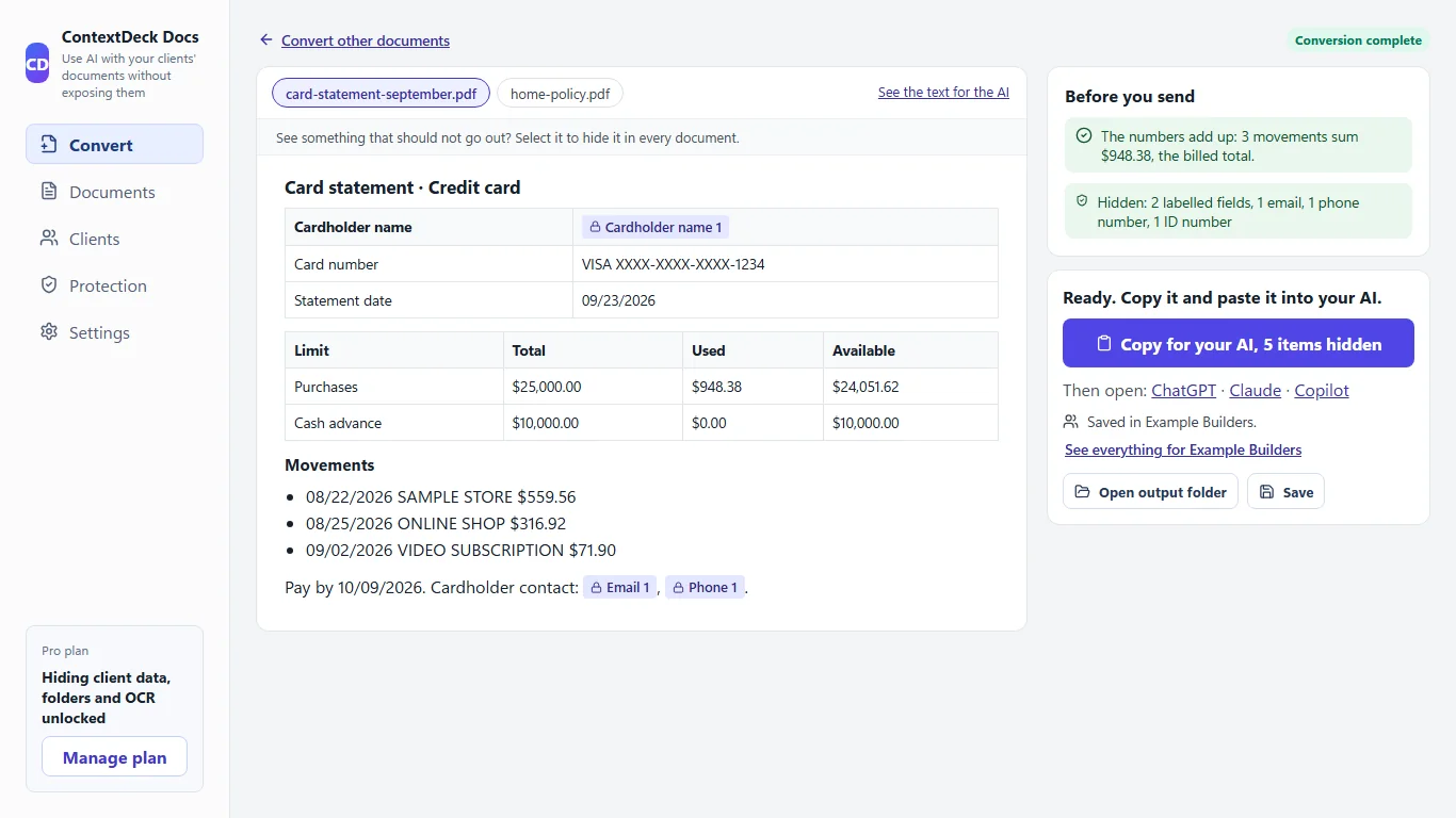 ContextDeck review screen: a card statement with the personal data replaced by markers and the Before you send panel
